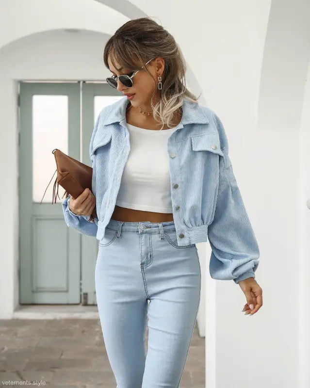 Light blue denim jacket outfit featuring a casual loose corduroy daily short jacket