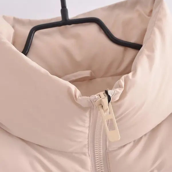 Beige puffer jacket with zipper, perfect for autumn winter short cotton fashion