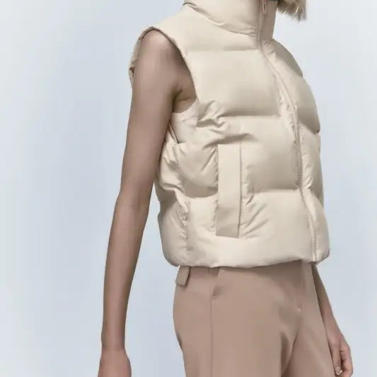 Beige puffer vest in a Casual Loose Cotton Short Jacket for autumn winter wear