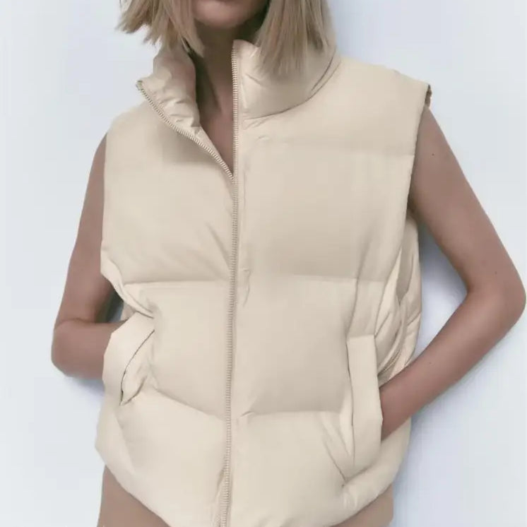 Cream-colored puffer vest from Casual Loose Cotton Short Jacket for autumn winter wear