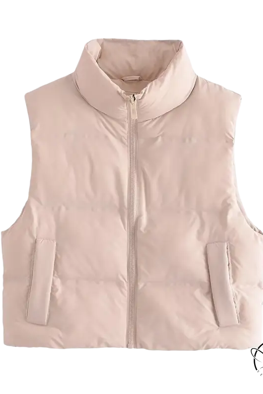 Padded light pink short cotton jacket with high collar for autumn winter