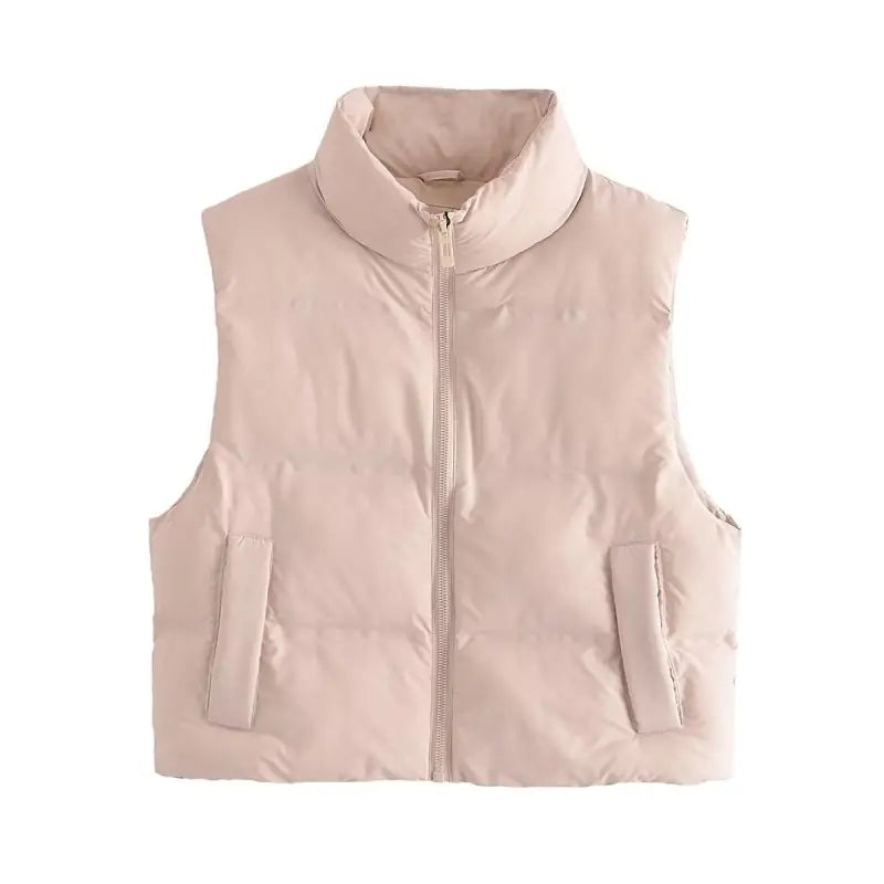 Light pink padded vest with high collar, ideal for autumn winter short cotton wear