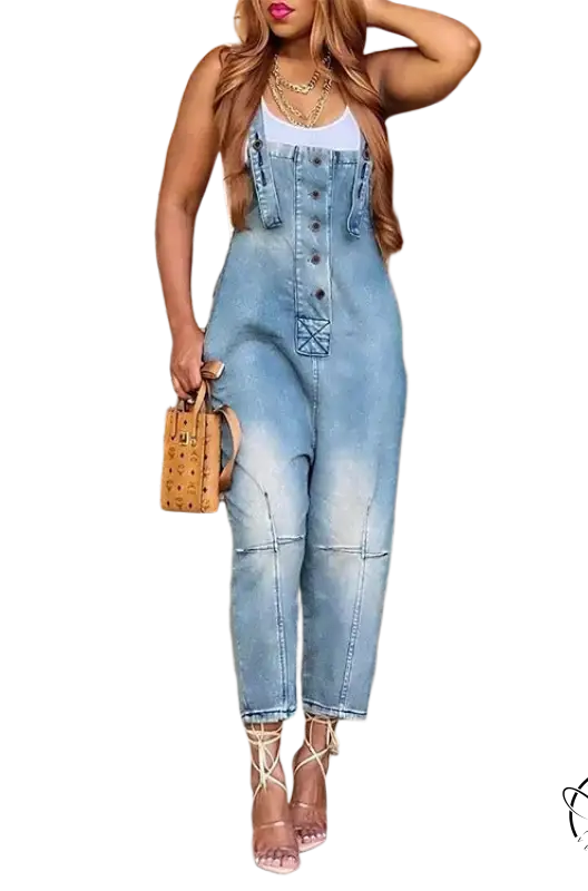 Light wash dirty blue suspender jeans sleeveless jumpsuit with buttons