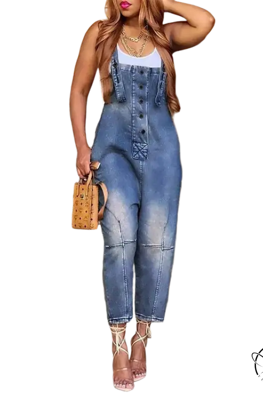 Women’s dirty blue suspender jeans with nude stilettos and handbag