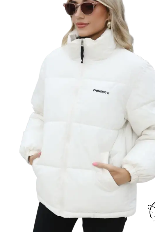 White cotton padded jacket with black zipper and logo
