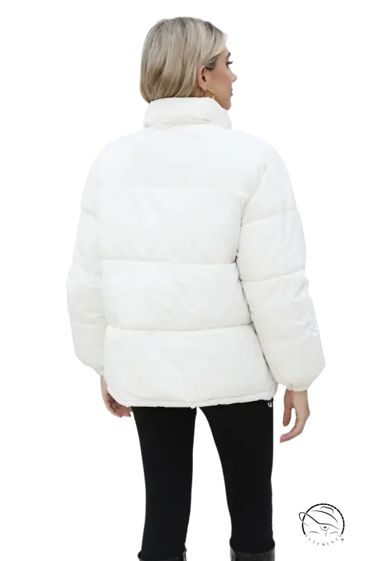 White cotton padded jacket with high collar and quilted design