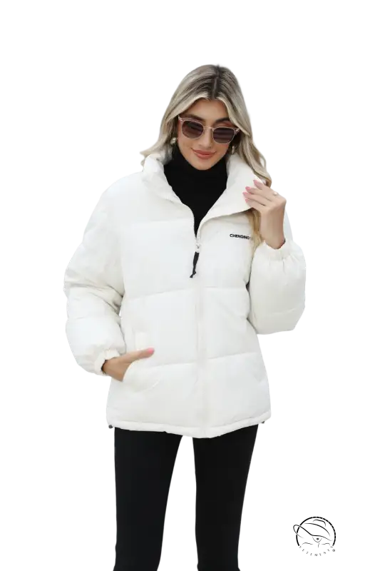 White cotton padded jacket with quilted design and black zipper