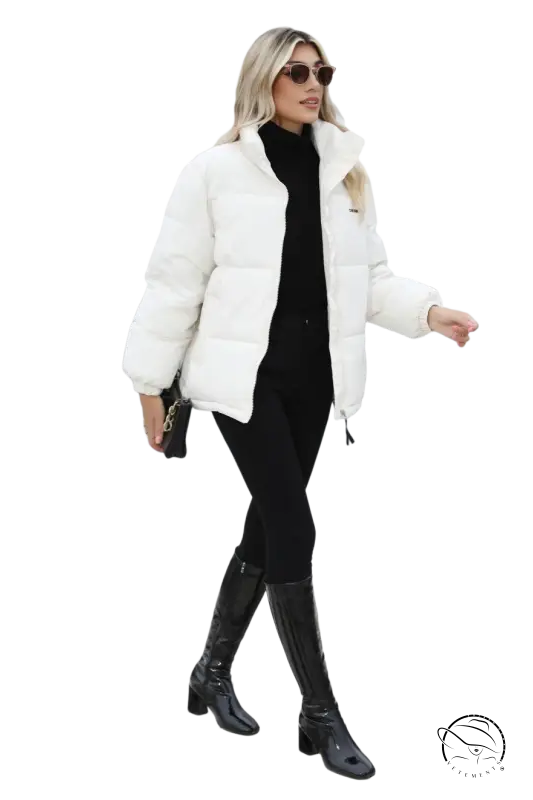 White cotton padded jacket with high collar and quilted design