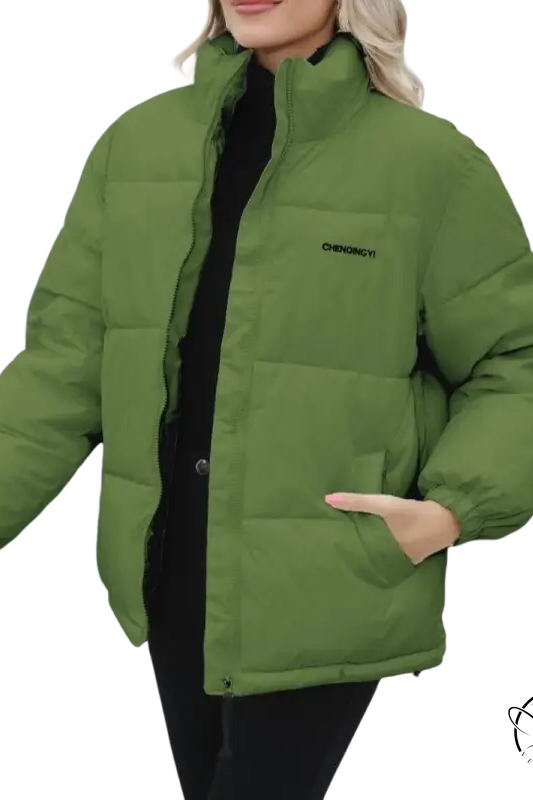 Olive green cotton padded jacket with black zipper and logo