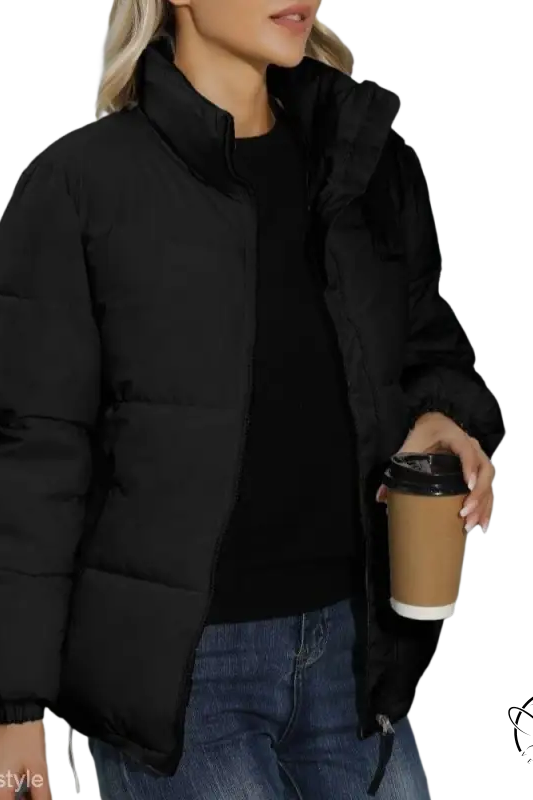 Black cotton padded jacket with high collar and quilted design