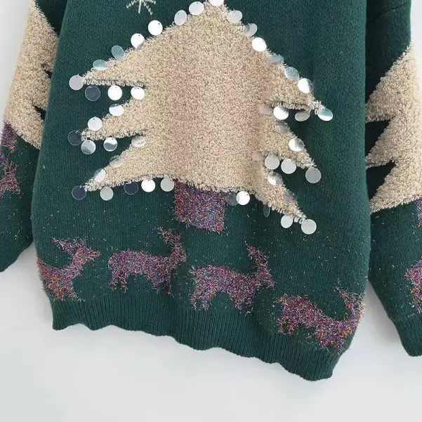 Beige tree sequined Christmas deer holiday sweater on dark green pullover Christmas deer style