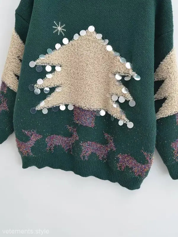 Beige tree sequined Christmas deer holiday sweater on dark green pullover Christmas deer style