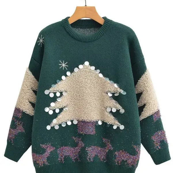 Christmas deer holiday sweater featuring a tree and reindeer design for festive occasions