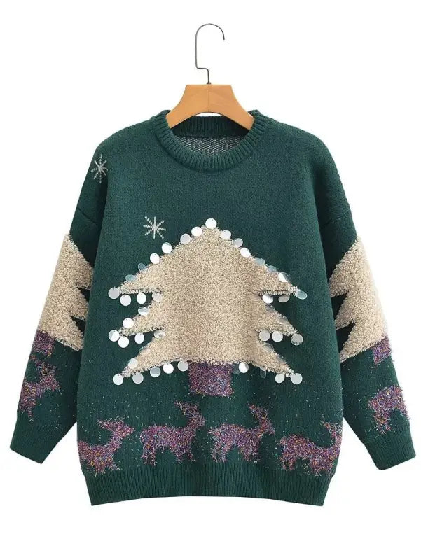 Christmas deer holiday sweater featuring a tree and reindeer design for festive occasions
