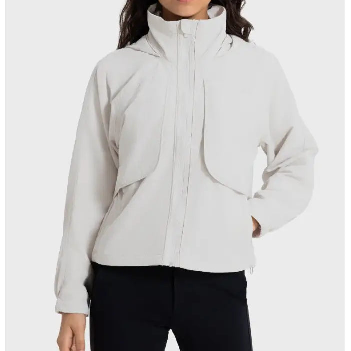 Light gray hooded jacket in Pearlescent White Albumin stylish nylon outerwear