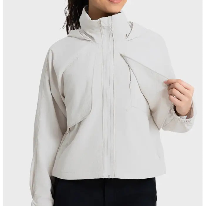 Light gray hooded jacket, part of Casual Loose Nylon Outerwear in Pearlescent White Albumin
