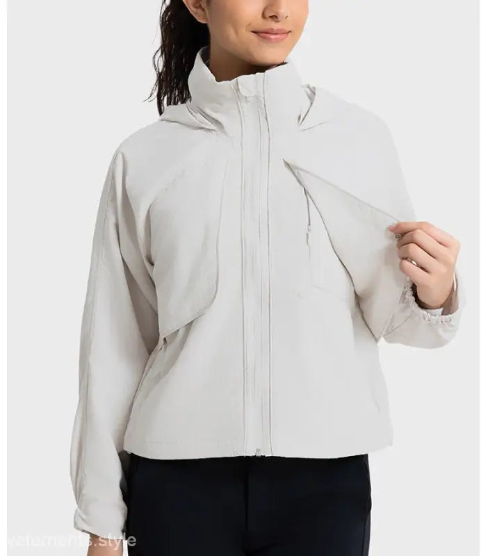 Light gray hooded jacket, part of Casual Loose Nylon Outerwear in Pearlescent White Albumin