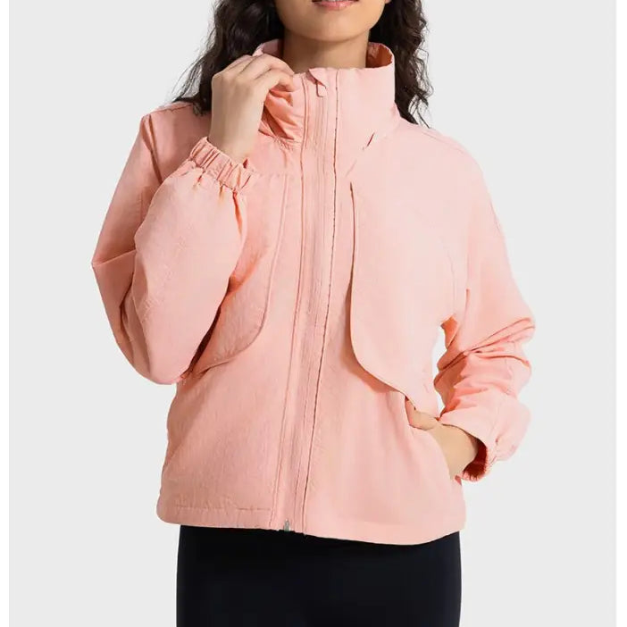 Salmon-colored zip-up jacket from Casual Loose Nylon Outerwear in Pearlescent White Albumin