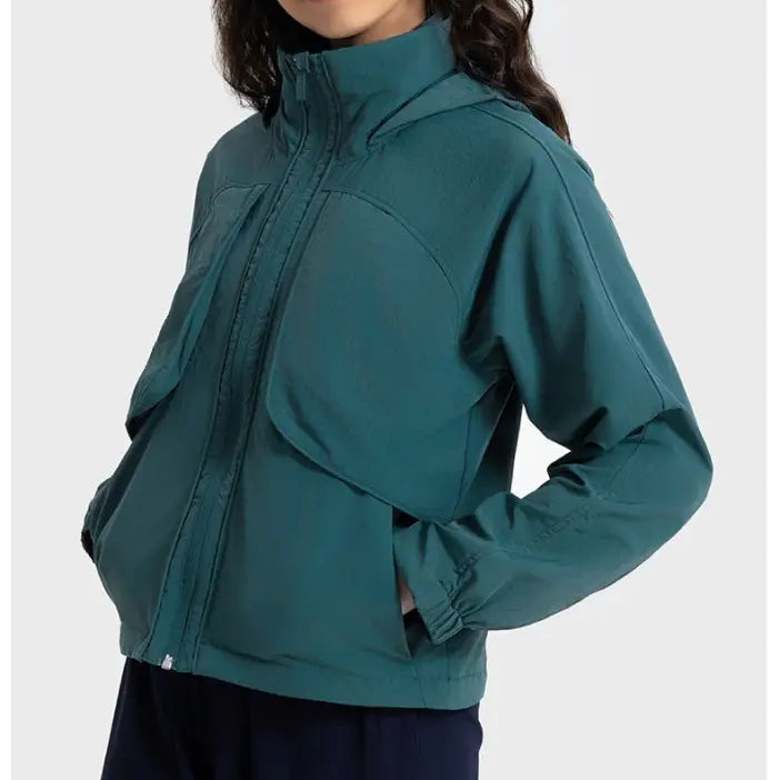 Teal hooded jacket in Casual Loose Nylon Outerwear with pearlescent white albumin accents