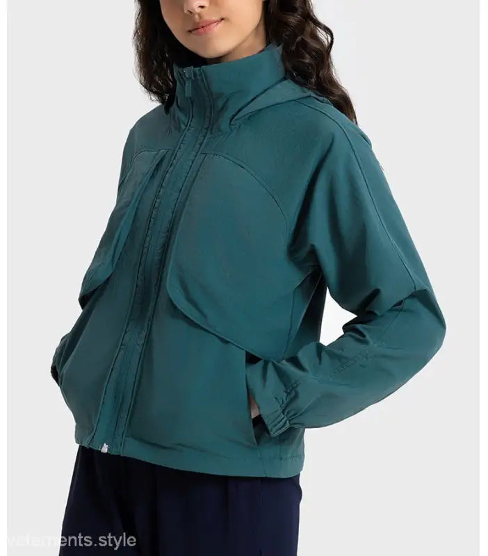 Teal hooded jacket in Casual Loose Nylon Outerwear with pearlescent white albumin accents