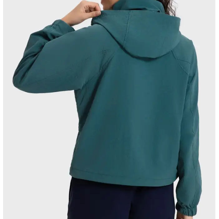 Teal hooded jacket in Casual Loose Nylon Outerwear with Pearlescent White Albumin color