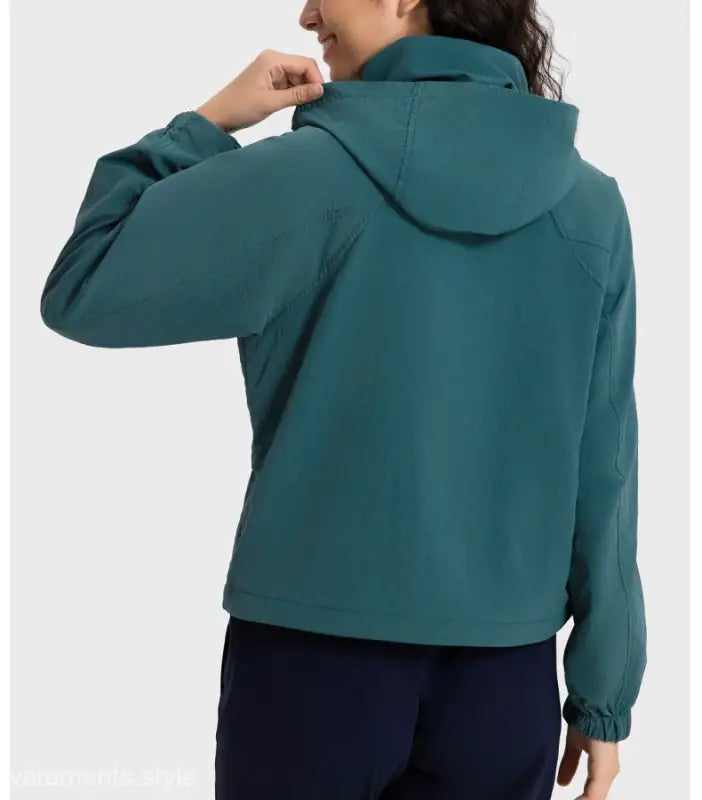 Teal hooded jacket in Casual Loose Nylon Outerwear with Pearlescent White Albumin color