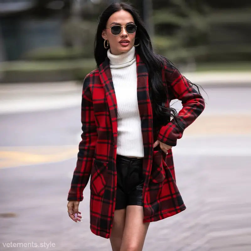 Red and black plaid wool coat featuring pockets, perfect for winter wear