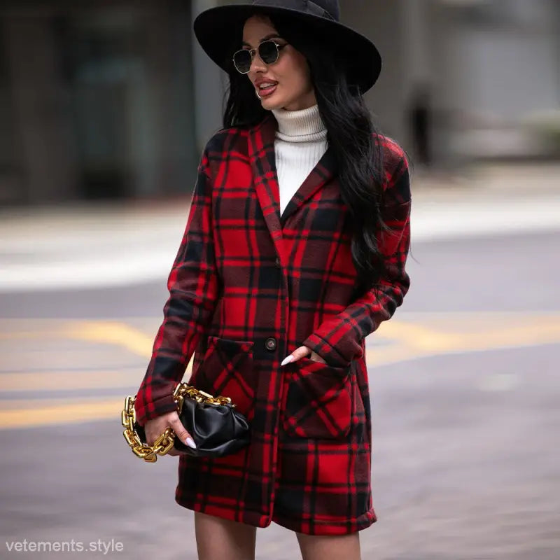 Red and black plaid wool coat with pockets for stylish winter wear