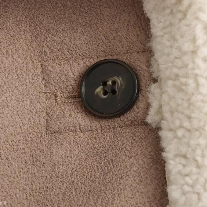 Brown suede coat with button and white faux fur trim, stylish winter fleece jacket