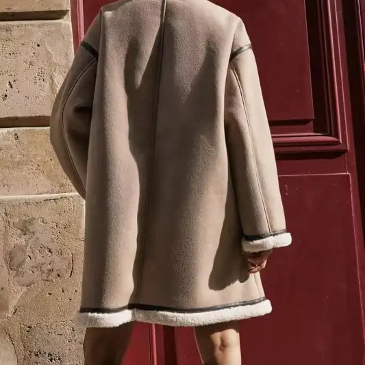 Beige shearling-trimmed winter fleece jacket with collar and pocket closure