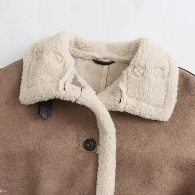 Brown casual winter fleece jacket with faux fur collar and button pocket closure