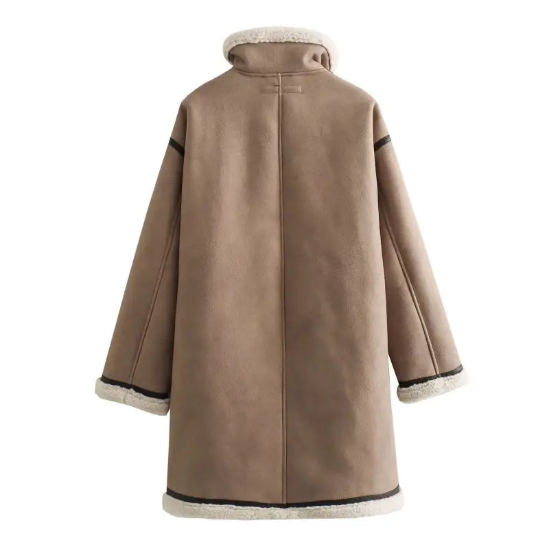 Taupe faux suede winter fleece jacket with faux fur trim and stylish collar jacket fleece