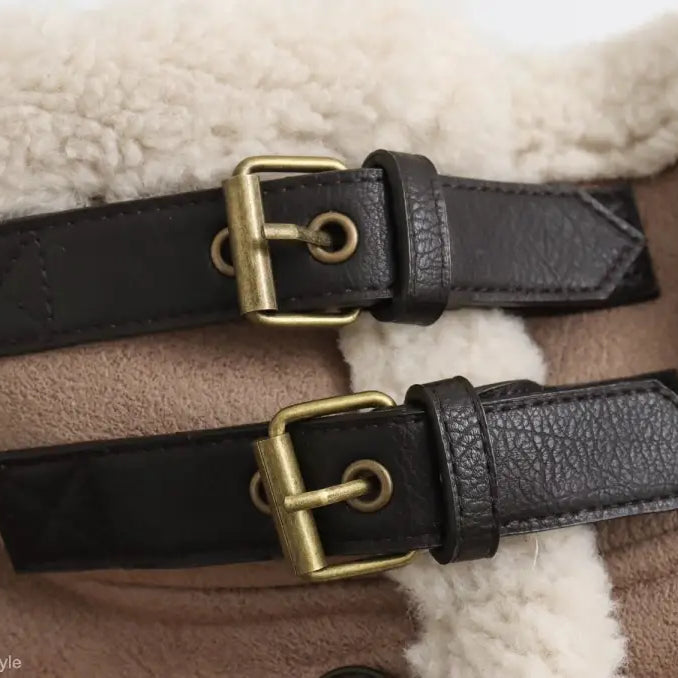 Brown winter fleece jacket with shearling trim, buckle straps, and collar jacket fleece design