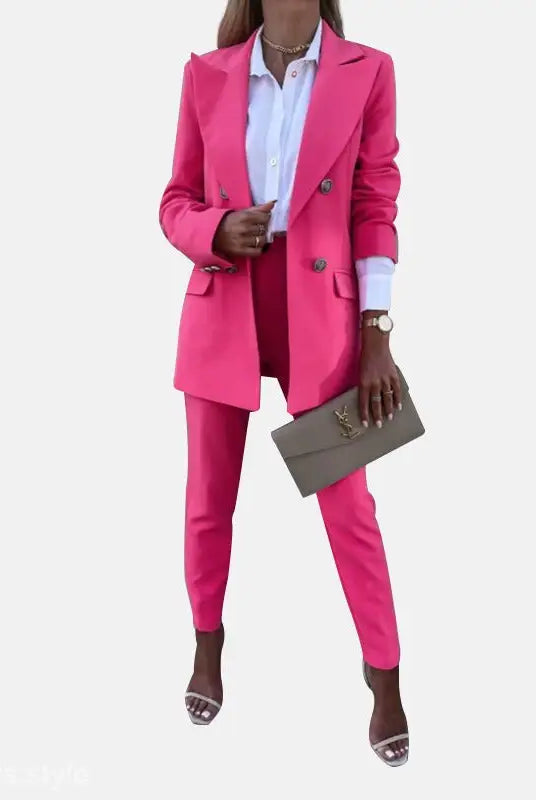 Hot pink women’s suit in Casual Office Fit for spring casual office and autumn solid color