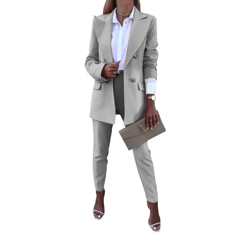 Gray women’s pantsuit from Casual Office Fit for spring casual office or autumn solid color