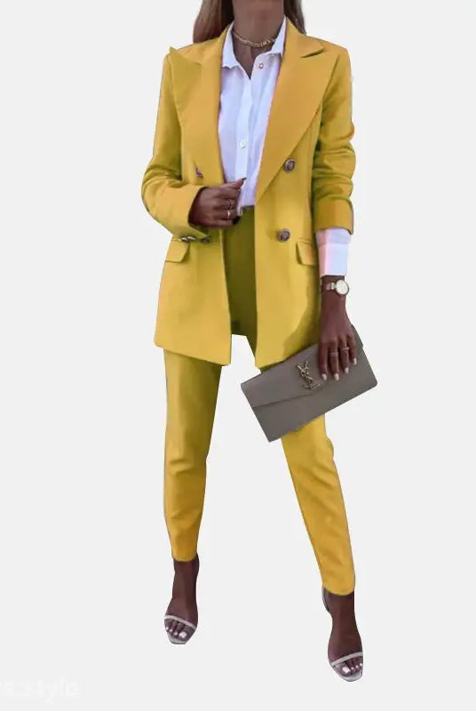 Woman in a yellow pantsuit showcasing a casual office fit for spring and autumn style