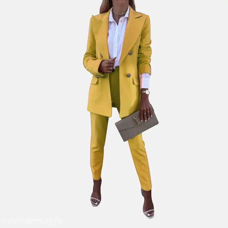 Woman in a yellow pantsuit showcasing a casual office fit for spring and autumn style