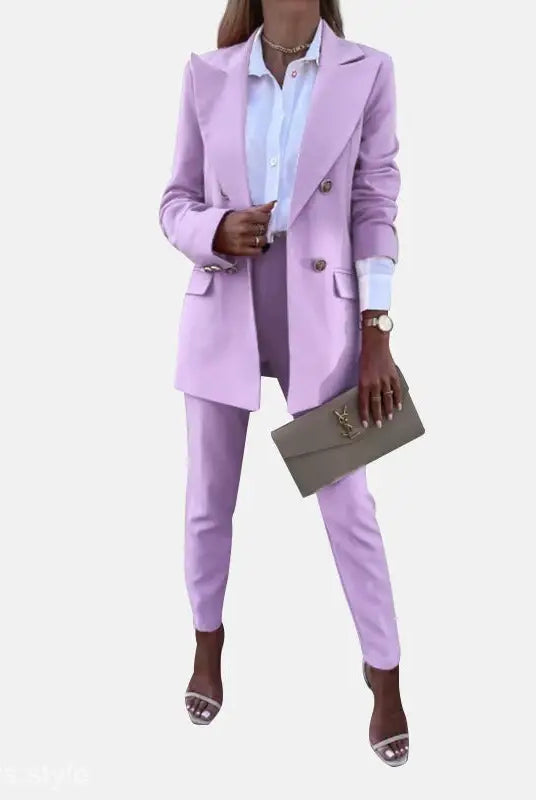 Lilac pantsuit with clutch for a casual office fit in spring and autumn solid color