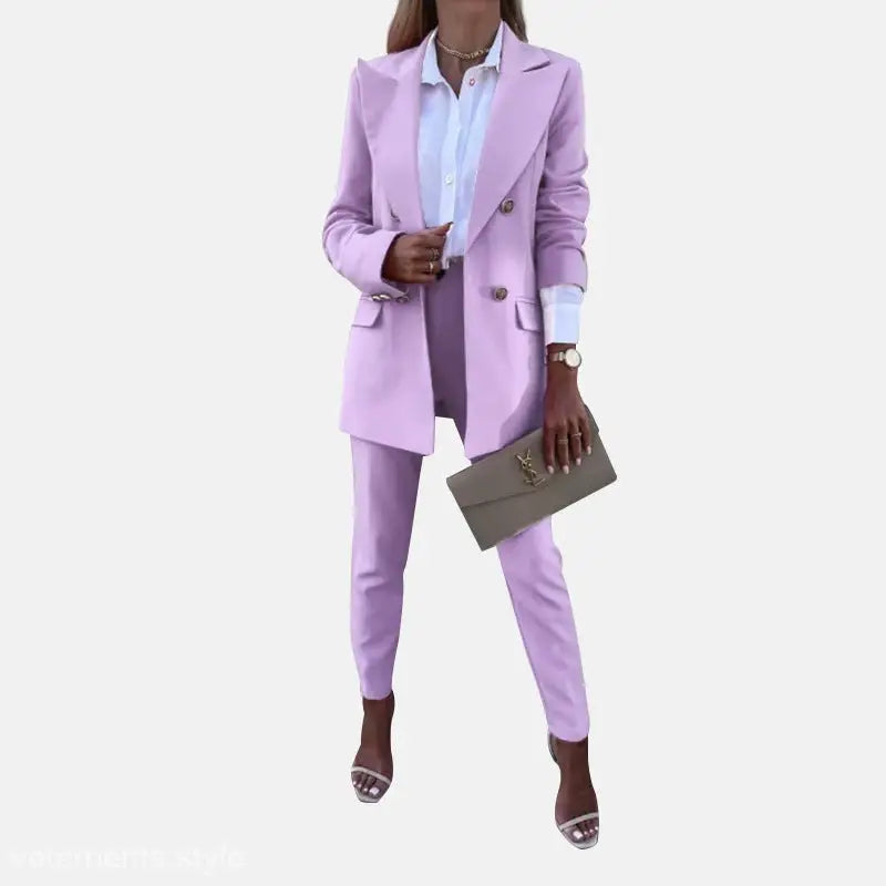 Lilac pantsuit with clutch for a casual office fit in spring and autumn solid color