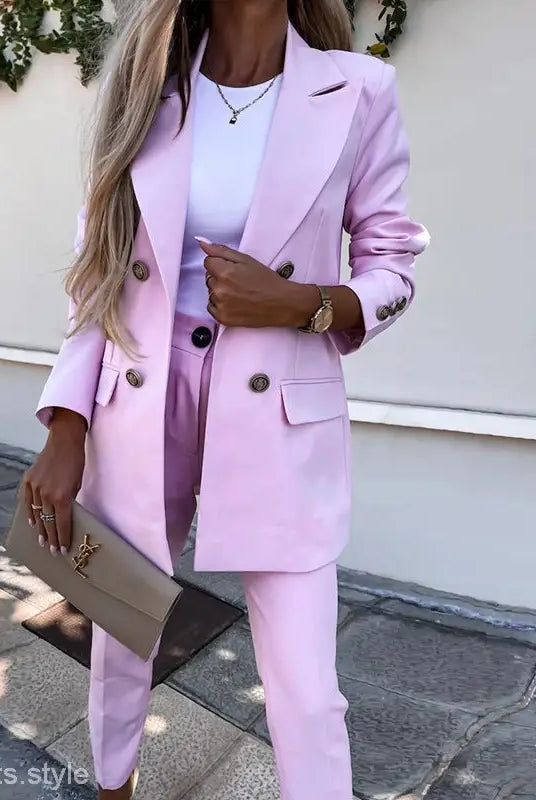 Pink double-breasted suit for a casual office fit in spring and autumn solid color