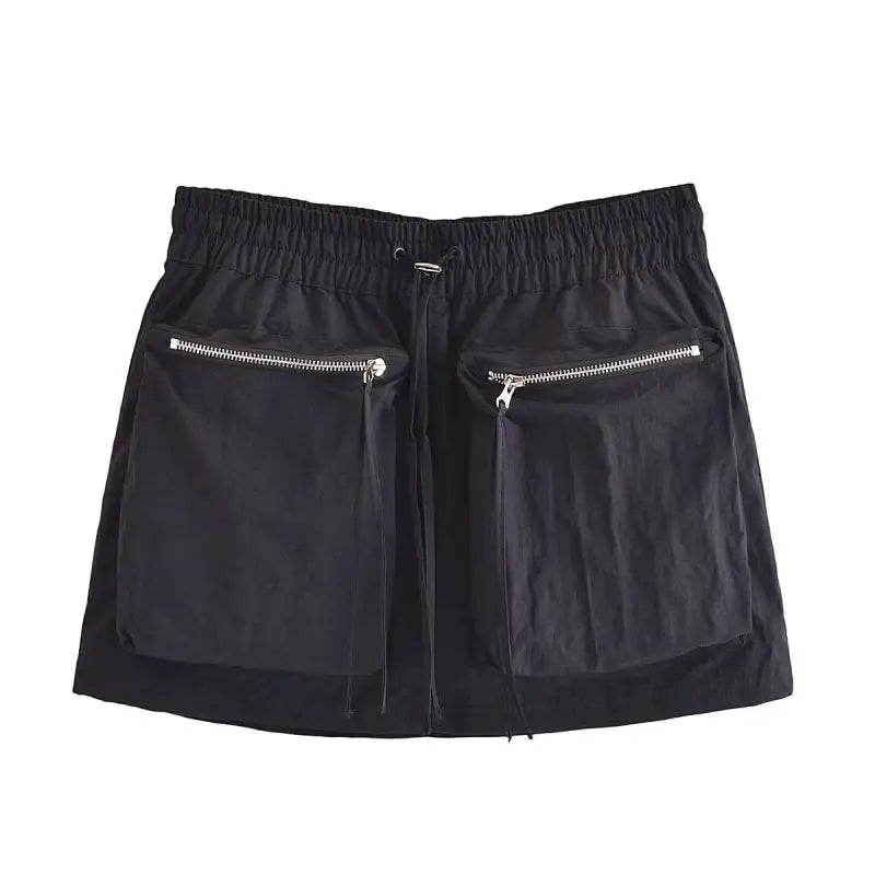 Black mini skirt with zippered pockets pairs well with a Casual Short Bomber Jacket
