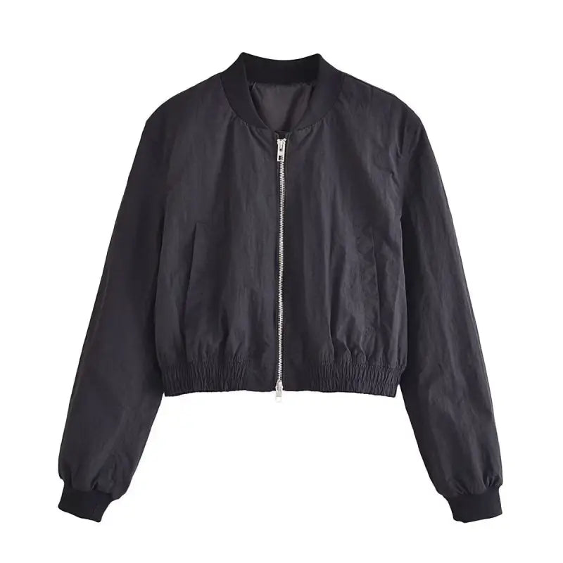 Black cropped bomber jacket coat with front zipper closure and tie stand collar