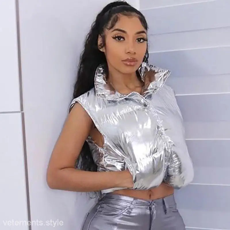 Shiny silver casual winter short coat with puffer vest design for fall and winter wear