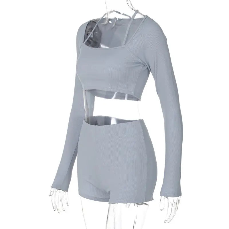 Gray ribbed crop top and shorts set from Casual Slim Crop Top in Knitted Thread Fitness