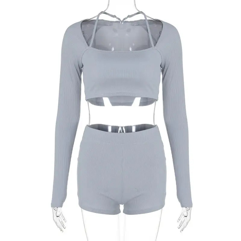 Gray ribbed crop top and shorts set from the Casual Slim Crop Top in Knitted Thread Fitness collection