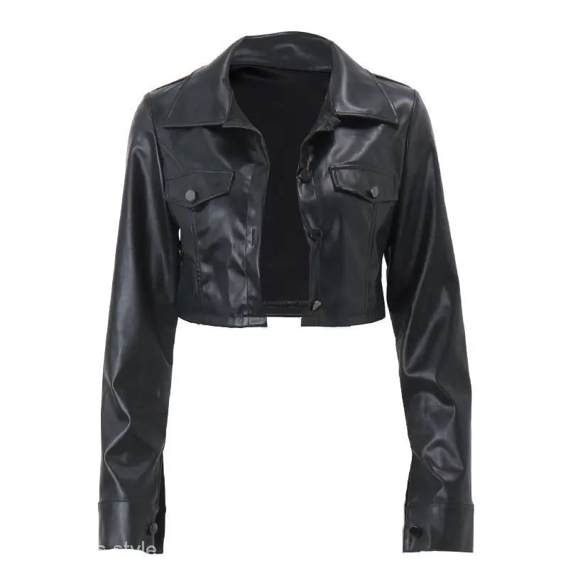 Black cropped leather motorcycle jacket with collar and chest pockets for a stylish look