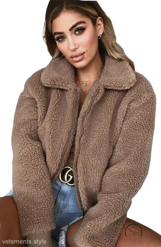 Cozy light brown teddy bear coat in casual slim polyester zipper fleece