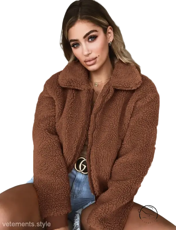 Cozy red coffee teddy coat over jeans with belt, casual slim polyester zipper fleece