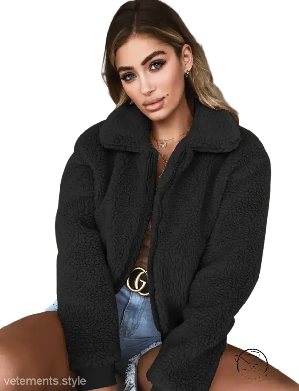 Woman in light gray casual slim polyester zipper fleece teddy bear coat