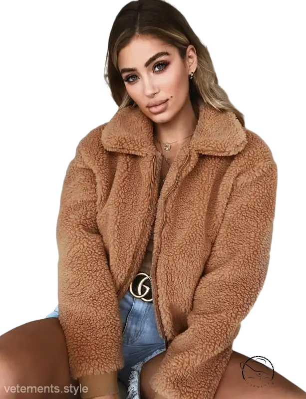 Casual slim polyester zipper fleece teddy bear coat in light gray over jeans